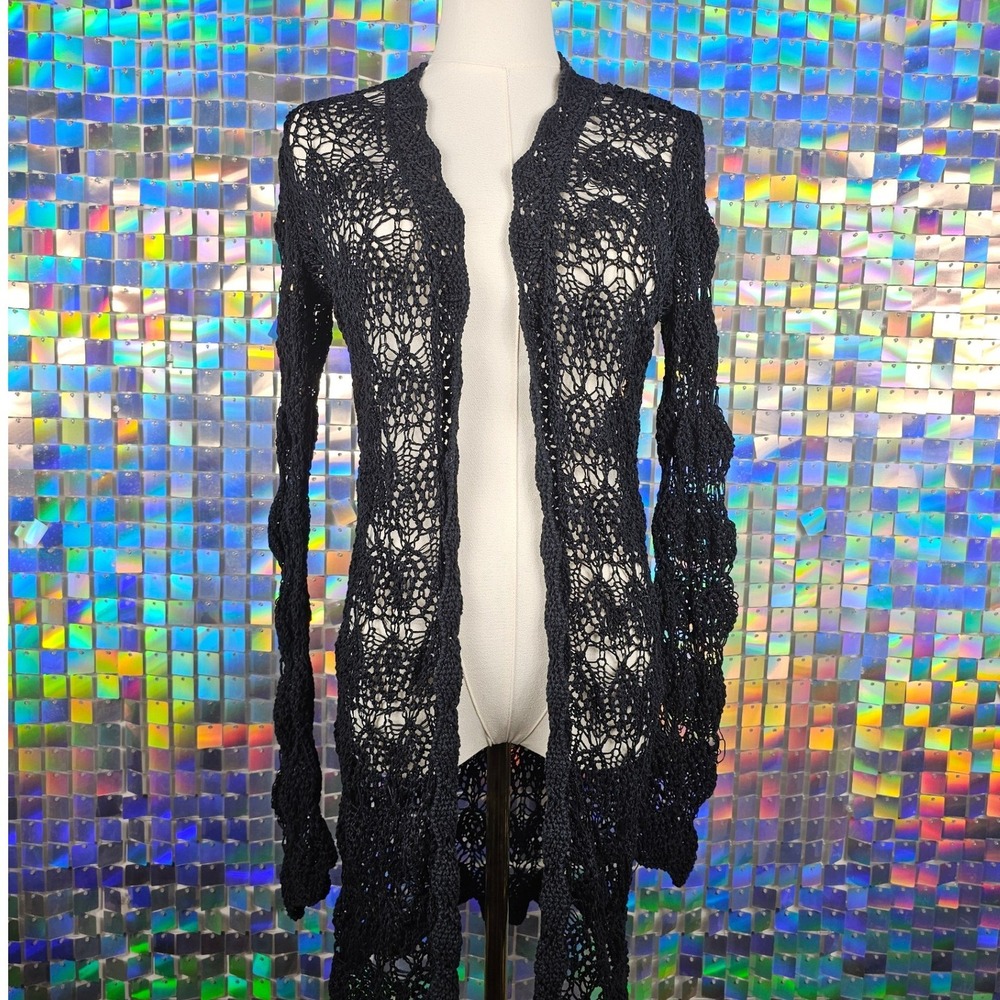 PattyBoutik Crochet Lace Duster Cardigan Women Size M Black Boho Sheer Witchy